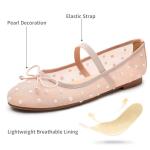 Trary Mesh Nude Flats for Women Round Toe Ballet Flats with Pearls Mary Jane Shoes Women with Bowknot and Elastic Strap, Comfortable Dress Shoes for Wedding Party Casual Wear, Size 8