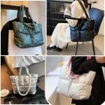 Puffy Tote Bag Padded Puffy Tote Lattice Handbags for Women Large Puffer Tote Bag Shoulder Bag Puffer Luxury Bags (Champagne)