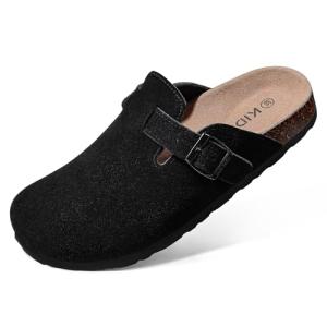KIDMI Genuine Suede Clogs for Women Cork Footbed Sandals Leather Mules Potato Shoes with Arch Support Black 41 (Size 9-9.5)