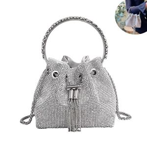 BBTT.ful Handbag, Sparkling Rhinestone Bucket Bag for Women & Girls, Large Crossbody Purse for Party, Wedding, Prom, Evening, Silver