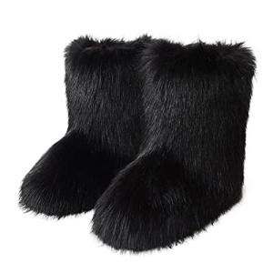 Eosxrp Furry Faux Fur Boots Women's Winter Shoes Woman Fluffy Warm Snow Boots Mid-Calf Comfortable Outdoor Flat (Black, Adult, Women, 9, Numeric, US Footwear Size System, Medium)