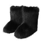 Eosxrp Furry Faux Fur Boots Women's Winter Shoes Woman Fluffy Warm Snow Boots Mid-Calf Comfortable Outdoor Flat (Black, Adult, Women, 9, Numeric, US Footwear Size System, Medium)
