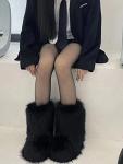 Eosxrp Furry Faux Fur Boots Women's Winter Shoes Woman Fluffy Warm Snow Boots Mid-Calf Comfortable Outdoor Flat (Black, Adult, Women, 9, Numeric, US Footwear Size System, Medium)