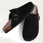 KIDMI Genuine Suede Clogs for Women Cork Footbed Sandals Leather Mules Potato Shoes with Arch Support Black 41 (Size 9-9.5)
