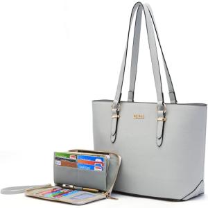 Handbags for Women Large Tote Shoulder Bags Top Handle Satchel Purses Wallet set 2pcs Grey