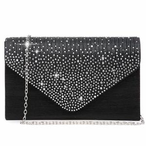 Dasein Women Satin Evening Bag Rhinestone Clutch Purse Wedding Prom Purse Formal Cocktail Party Handbag (Black)