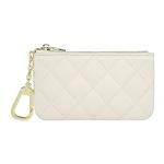 Mossruta Premium Genuine Full Grain Leather Mini Coin Purse Keychain Pouch Card Holder for Men Women (Beige Quilted - LG)