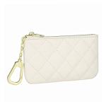 Mossruta Premium Genuine Full Grain Leather Mini Coin Purse Keychain Pouch Card Holder for Men Women (Beige Quilted - LG)