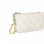 Mossruta Premium Genuine Full Grain Leather Mini Coin Purse Keychain Pouch Card Holder for Men Women (Beige Quilted - LG)