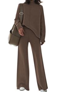 Viottiset Women's 2 Piece Outfits Lounge Sweater Set High Neck Wide Leg Pants Casual Sweatsuit Loungewear Dark Coffee S