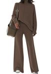 Viottiset Women's 2 Piece Outfits Lounge Sweater Set High Neck Wide Leg Pants Casual Sweatsuit Loungewear Dark Coffee S