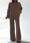 Viottiset Women's 2 Piece Outfits Lounge Sweater Set High Neck Wide Leg Pants Casual Sweatsuit Loungewear Dark Coffee S