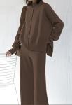 Viottiset Women's 2 Piece Outfits Lounge Sweater Set High Neck Wide Leg Pants Casual Sweatsuit Loungewear Dark Coffee S