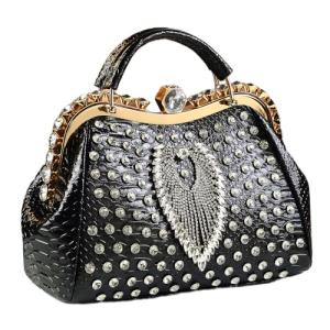 Luxury Fashion Diamonds Bag For Women Leather Top Handle Satchel Handbags Clip Rhinestone Purses Tote Shoulder Crossbody Bags (Black 2)
