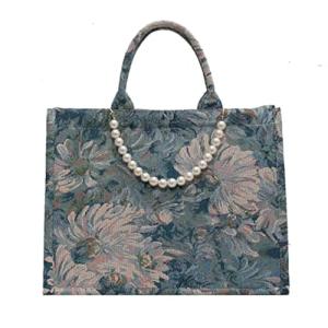 MOMEITU Fashion luxury tote bag cotton linen one shoulder large capacity jacquard embroidery retro Oil Painting handbag (With pearls,Large)