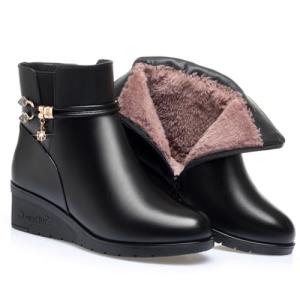 Women's Black Wedge Heel Ankle Booties Soft Leather Platform Side Zipper Sparkling Rhinestones Winter Warm Fur Lined Thickening Snow Boot (Black A,8,8,Women)