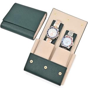 Travel Leather Watch Pouch/Watch Travel Case with Suede Lining/Luxury Leather Travel Watch Case 2 Watch Pouch for Men and Women (Green-Double)