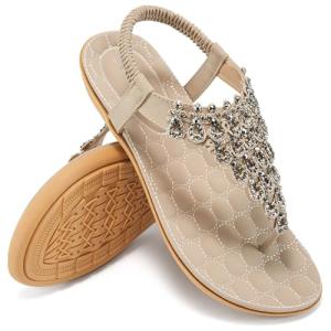 HARENCE Womens Summer Flats Sandals: Casual Bohemian Dressy Thong Flat Shoes Comfortable Slip on Elastic Ankle Strap Beach Sandal