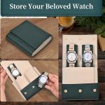 Travel Leather Watch Pouch/Watch Travel Case with Suede Lining/Luxury Leather Travel Watch Case 2 Watch Pouch for Men and Women (Green-Double)