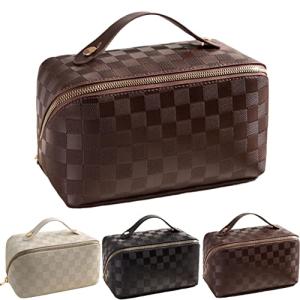 Large Capacity Checkered Makeup Bags Portable Travel Cosmetic Bags Open-Flat Toiletry Waterproof Bag for Women Gift Make up Organizer with Divider and Handle Pouch Zipper Bag (latte-checkered)