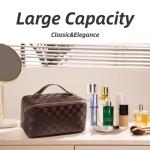 Large Capacity Checkered Makeup Bags Portable Travel Cosmetic Bags Open-Flat Toiletry Waterproof Bag for Women Gift Make up Organizer with Divider and Handle Pouch Zipper Bag (latte-checkered)