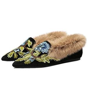 Fericzot Slip On Loafers Womens Embroidery Mule Shoes with Plush Lamb Fur Velvet Slippers Backless Pointed Toe Mule Slides Black-cover Heel 7