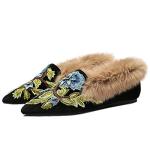 Fericzot Slip On Loafers Womens Embroidery Mule Shoes with Plush Lamb Fur Velvet Slippers Backless Pointed Toe Mule Slides Black-cover Heel 7