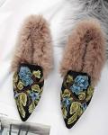 Fericzot Slip On Loafers Womens Embroidery Mule Shoes with Plush Lamb Fur Velvet Slippers Backless Pointed Toe Mule Slides Black-cover Heel 7
