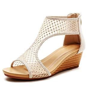 WOJWSKI Women's Slide Wedge Sandal Open Toe High Heel Zipper Back Platform (Gold-M7)