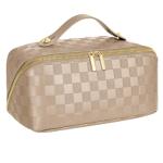 Large Capacity Travel Cosmetic Bag - Portable Makeup Bags for Women Waterproof PU Leather Checkered Makeup Organizer Bag with Dividers and Handle,Toiletry Bag for Cosmetics, Khaki