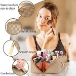 Large Capacity Travel Cosmetic Bag - Portable Makeup Bags for Women Waterproof PU Leather Checkered Makeup Organizer Bag with Dividers and Handle,Toiletry Bag for Cosmetics, Khaki