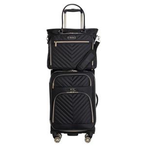 Kenneth Cole REACTION Chelsea 2-Piece Bundle - 20" Chevron Expandable 8-Wheel Carry-On Suitcase & Matching 15" Laptop Tote Bag, Black