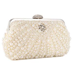 UBORSE Women Pearl Clutch Bag Noble Crystal Beaded Evening Bag Wedding Clutch with Pearl Chain (Cream-coloured)