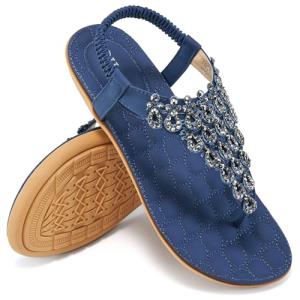 HARENCE Womens Summer Flats Sandals: Casual Bohemian Dressy Thong Flat Shoes Comfortable Slip on Elastic Ankle Strap Beach Sandal