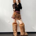 Valpeak Womens Faux Fur Boot Winter Fluffy Long Furry Boots for Girls Outdoor Fuzzy Knee-High Boots(Brown,8)