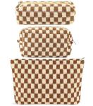 ZLFSRQ 3Pcs Checkered Makeup Bag for Women Large Small Checkered Cosmetic Bag Set Aesthetic Preppy Pencil Case Cute Pencil Pouch Brown Makeup Pouch for Purse Travel Toiletry Bags Zipper Skincare Bags