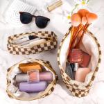 ZLFSRQ 3Pcs Checkered Makeup Bag for Women Large Small Checkered Cosmetic Bag Set Aesthetic Preppy Pencil Case Cute Pencil Pouch Brown Makeup Pouch for Purse Travel Toiletry Bags Zipper Skincare Bags