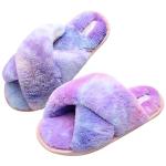JIASUQI Women's Cross Plush Fuzzy House Slippers Fur Furry Slide Sandals Memory Foam Bedroom Summer Slippers for Women Purple Colorful 8-9
