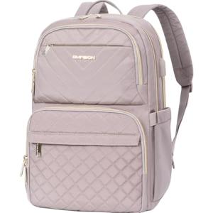 EMPSIGN Laptop Backpack Purse for Women and Men with USB Charging Port, 15.6 Inch Travel Water Resistant Quilted Backpack, High-Capacity 30L Work Business Computer Backpack, Quilted Grey Pink