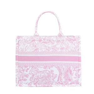Fashion luxury tote bag cotton linen one shoulder handbag large capacity jacquard embroidery retro exquisite graffiti (Pink)