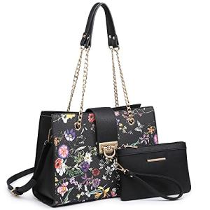 Dasein Women Fashion Tote Bags Handbag Purse Chain Shoulder Bag Top Handle Bag Hobo With Matching Clutch (Black Floral)