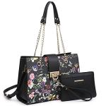 Dasein Women Fashion Tote Bags Handbag Purse Chain Shoulder Bag Top Handle Bag Hobo With Matching Clutch (Black Floral)