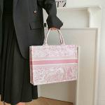 Fashion luxury tote bag cotton linen one shoulder handbag large capacity jacquard embroidery retro exquisite graffiti (Pink)