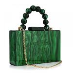 Dark Green Marbled Acrylic Clutch with Pearl Chain