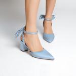 Elegant Blue Chunky Heel Pumps with Bow Knot