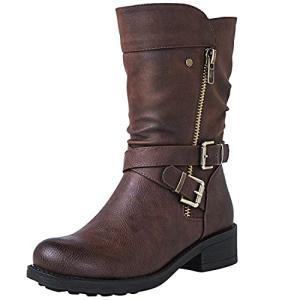 Brown Mid Calf Biker Boots for Women