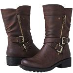 Brown Mid Calf Biker Boots for Women