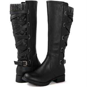 Women's Black Quilted Knee High Strappy Boots