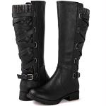 Women's Black Quilted Knee High Strappy Boots
