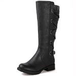 Women's Black Quilted Knee High Strappy Boots